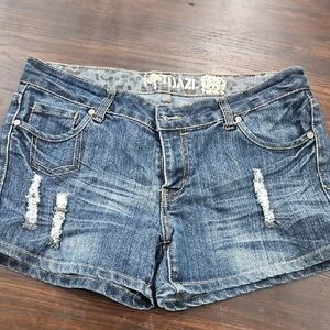 Blue Distressed Jean Shorts with Rolled Hem